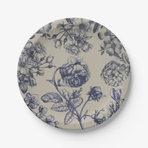 Assiettes En Carton Motif Floral Botanique Toile Bleue Vintage Antique