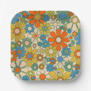 Assiettes En Carton Motif floral de jardin rétro des années 60 et 70