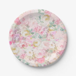 Assiettes En Carton Motif floral de rétro aquarelle blanche rose chic