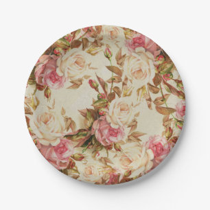 Assiettes En Carton Motif floral de roses bruns blancs roses vintages
