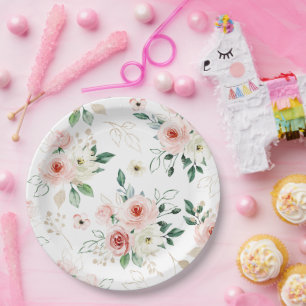 Assiettes En Carton Motif floral délicat à l'aquarelle rose et blanc