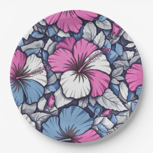 Assiettes En Carton Motif floral d'hibiscus bleu élégant (1)