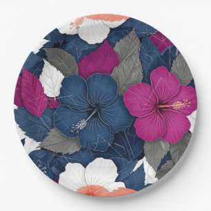 Assiettes En Carton Motif floral d'hibiscus bleu élégant (3)