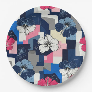 Assiettes En Carton Motif floral d'hibiscus bleu élégant (7)