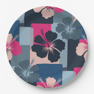 Assiettes En Carton Motif floral d'hibiscus bleu élégant (8)