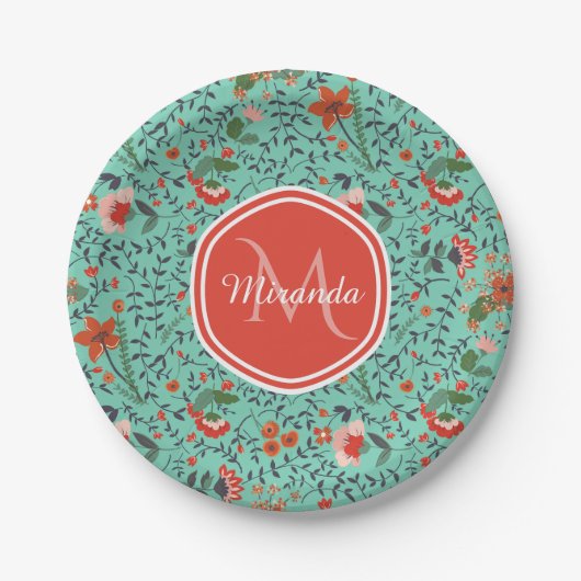 Assiettes En Carton Motif floral en Monogramme Turquoise et orange et  (Devant)
