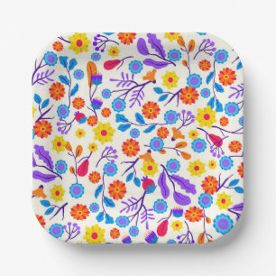 Assiettes En Carton Motif floral exotique coloré-23146