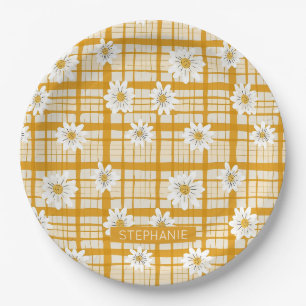 Assiettes En Carton Motif floral marguerrier blanc sur En vichy jaune