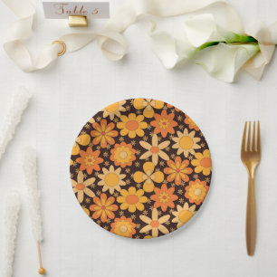 Assiettes En Carton Motif floral rétro groovy jaune et orange