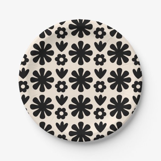 Assiettes En Carton Motif floral scandinave rétro noir & crème (Devant)