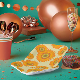 Assiettes En Carton Motif floral tournesol jaune rétro des années 70