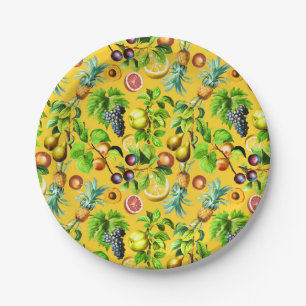 Assiettes En Carton Motif Fruits sur Arrière - plan Jaune