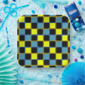 Assiettes En Carton Motif géométrique à damiers bleu jaune (Fête)