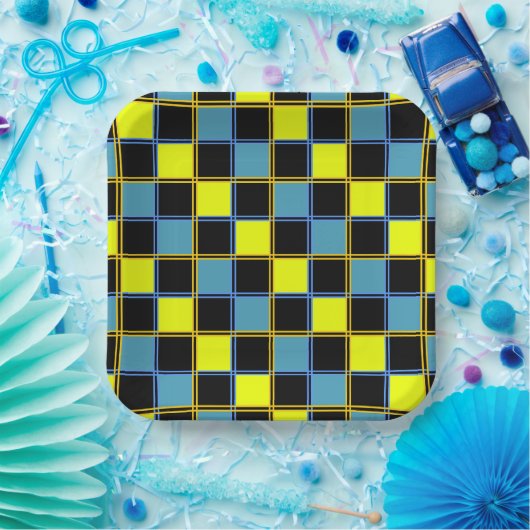 Assiettes En Carton Motif géométrique à damiers bleu jaune (Fête)