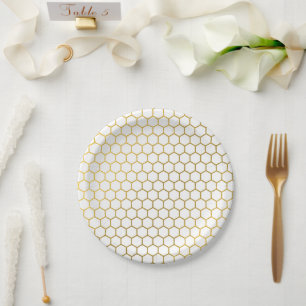 Assiettes En Carton Motif géométrique Hexagon blanc et or