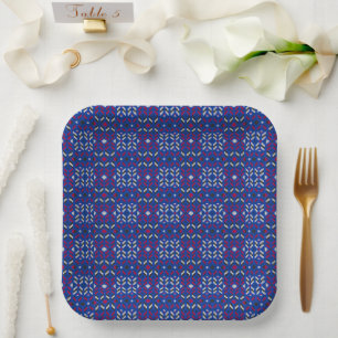 Assiettes En Carton Motif géométrique pixel traditionnel en bleu profo