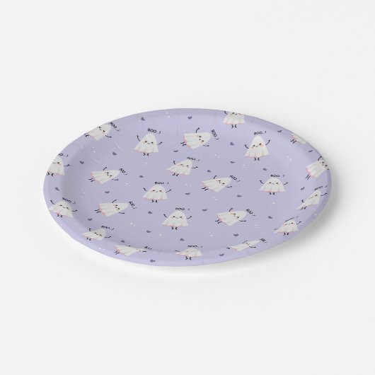 Assiettes En Carton Motif Ghost mignon avec "Boo !" Texte sur Lavender (Angle)