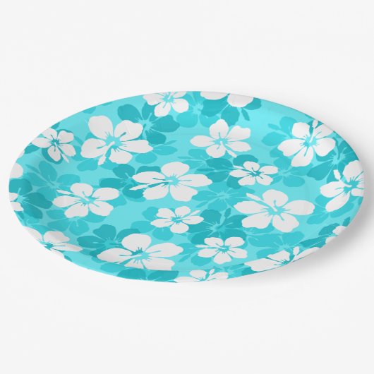 Assiettes En Carton Motif Hibiscus bleu tropical (Angle)