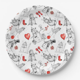 Assiettes En Carton Motif iconographique festif de bonhomme de neige e
