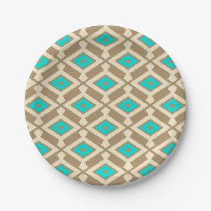 Assiettes En Carton Motif Ikat - Turquoise, Taupe et Beige