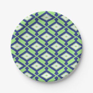 Assiettes En Carton Motif Ikat - Vert, Indigo Bleu et Blanc