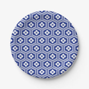 Assiettes En Carton Motif japonais Kikkō Bleu et blanc