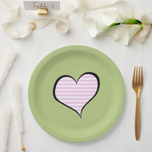 Assiettes En Carton Motif, Lignes, Coeur, Rayures roses (Mariage)