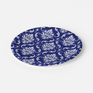 Assiettes En Carton Motif lumineux de damassé de bleu marine