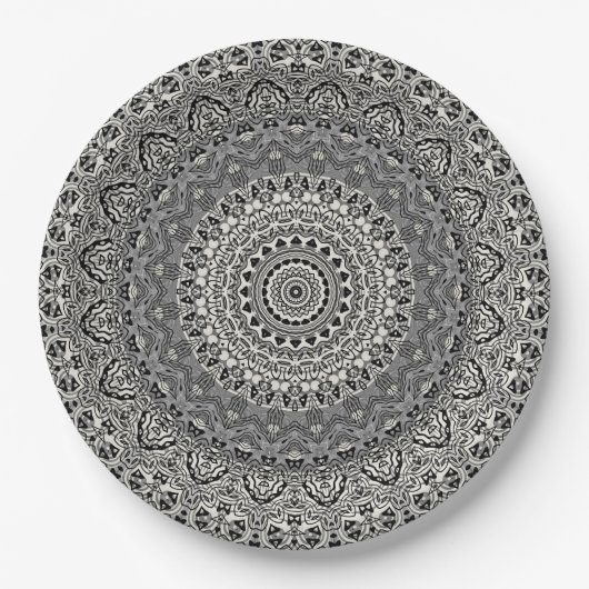 Assiettes En Carton Motif Mandala géométrique noir et blanc (Devant)