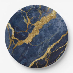 Assiettes En Carton Motif Marbre Bleu avec Or