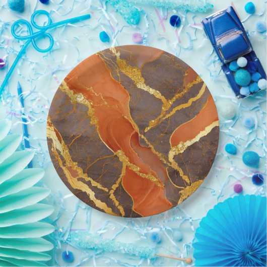 Assiettes En Carton Motif Marbre Orange avec Or (Fête)