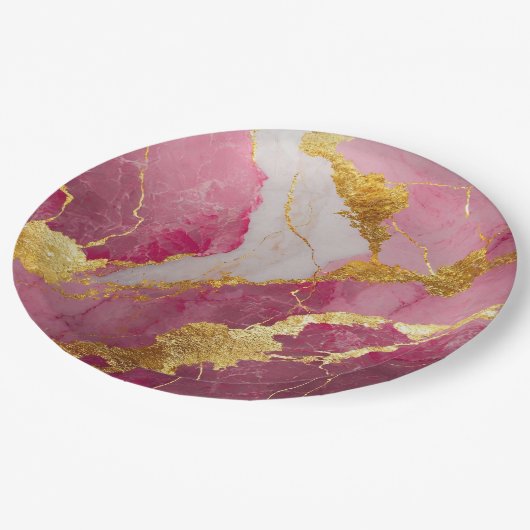 Assiettes En Carton Motif marbre rose avec or (Angle)