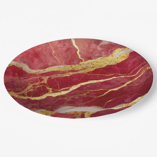 Assiettes En Carton Motif marbre rouge avec or (Angle)