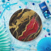 Assiettes En Carton Motif Marbre Rouge Noir avec Or (Fête)