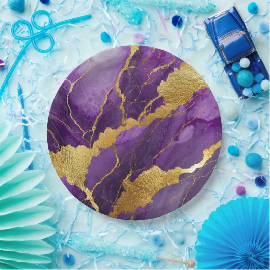 Assiettes En Carton Motif marbre violet avec or (Fête)