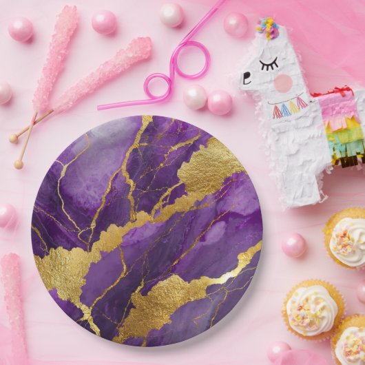 Assiettes En Carton Motif marbre violet avec or (Fête)
