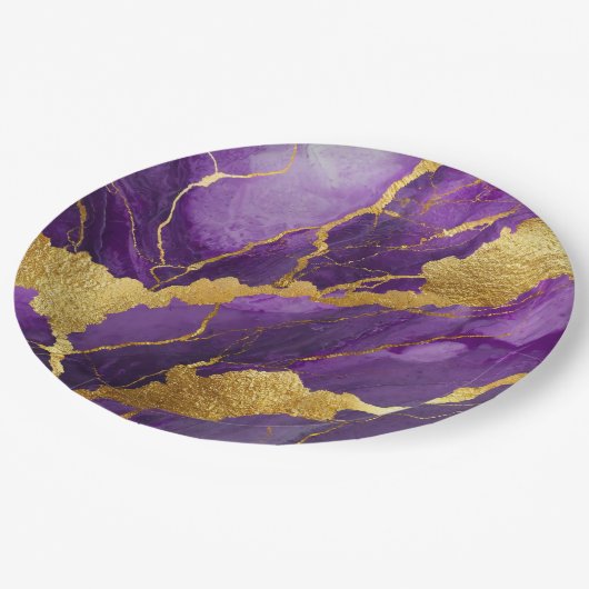 Assiettes En Carton Motif marbre violet avec or (Angle)