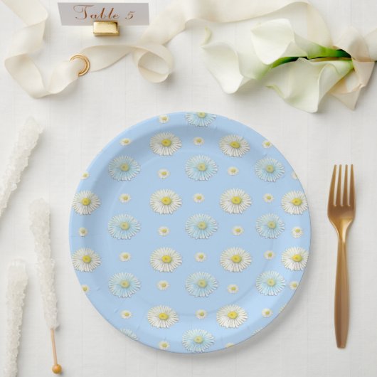 Assiettes En Carton Motif marguerrier sur arrière - plan bleu clair (Mariage)
