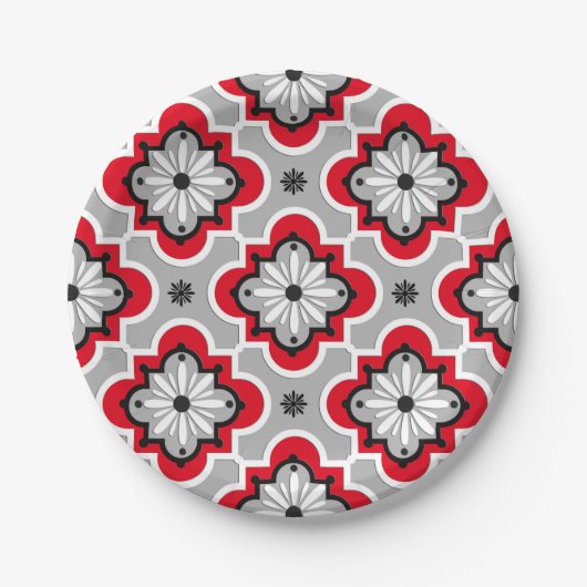 Assiettes En Carton Motif marocain en tuiles - Gris et Rouge (Devant)
