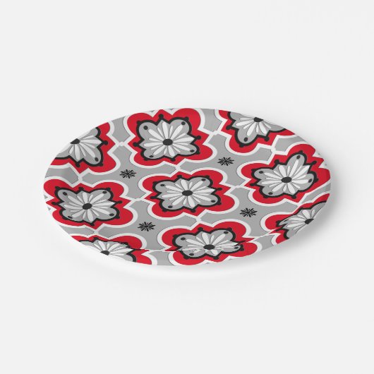 Assiettes En Carton Motif marocain en tuiles - Gris et Rouge (Angle)