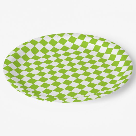 Assiettes En Carton Motif Miniature vérifié en Lime Vert et Blanc (Angle)