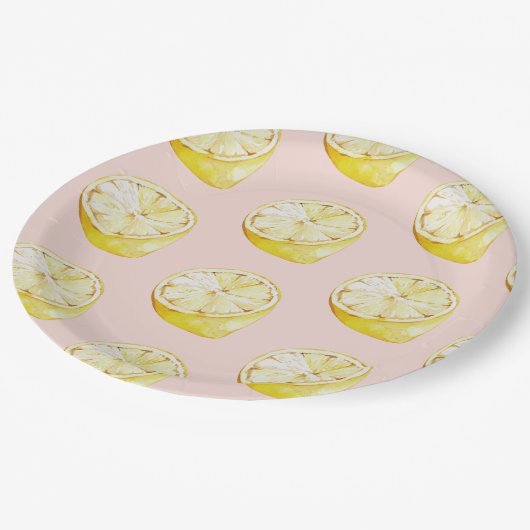 Assiettes En Carton Motif moderne Pastel rose et citron jaune (Angle)