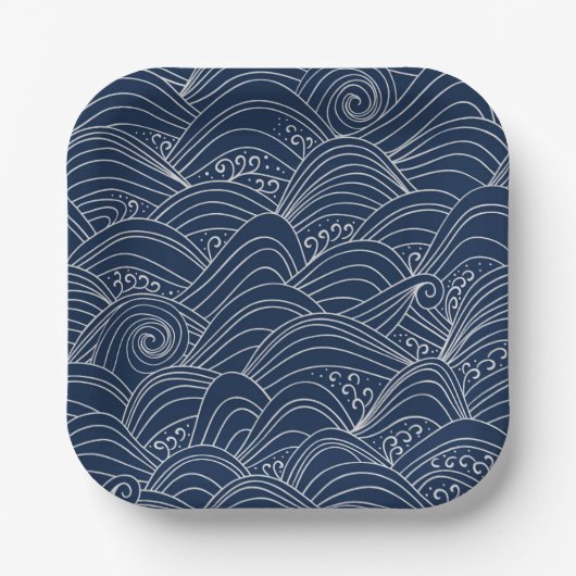 Assiettes En Carton Motif motif à vague japonais bleu foncé (Recto)
