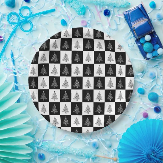 Assiettes En Carton Motif noir d'arbre de Noël blanc élégant (Fête)