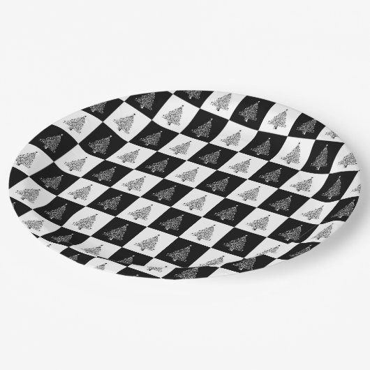 Assiettes En Carton Motif noir d'arbre de Noël blanc élégant (Angle)