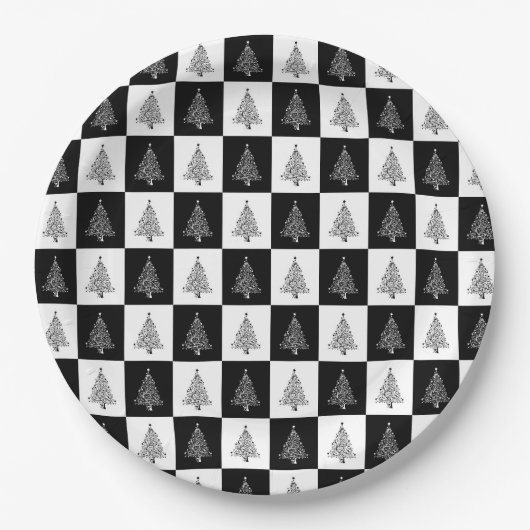 Assiettes En Carton Motif noir d'arbre de Noël blanc élégant (Devant)