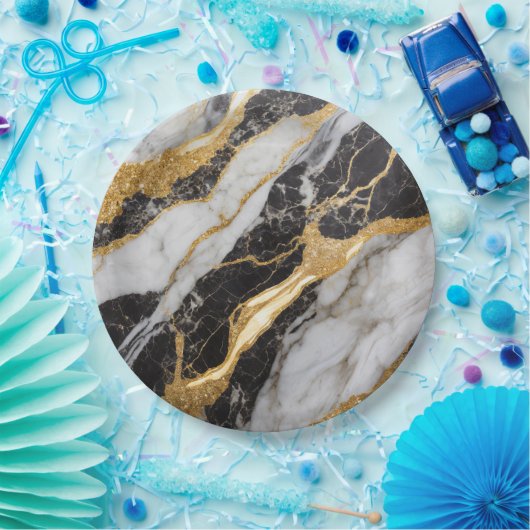 Assiettes En Carton Motif noir et Marbre blanc avec or (Fête)