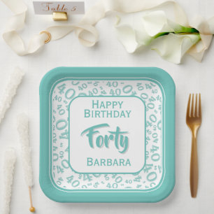 Assiettes En Carton Motif numérique aléatoire 40e fête sarcelle/blanc