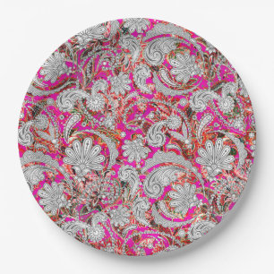 Assiettes En Carton Motif paisley blanc rose