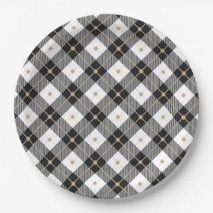 Assiettes En Carton Motif plaid Black Blanc tendance